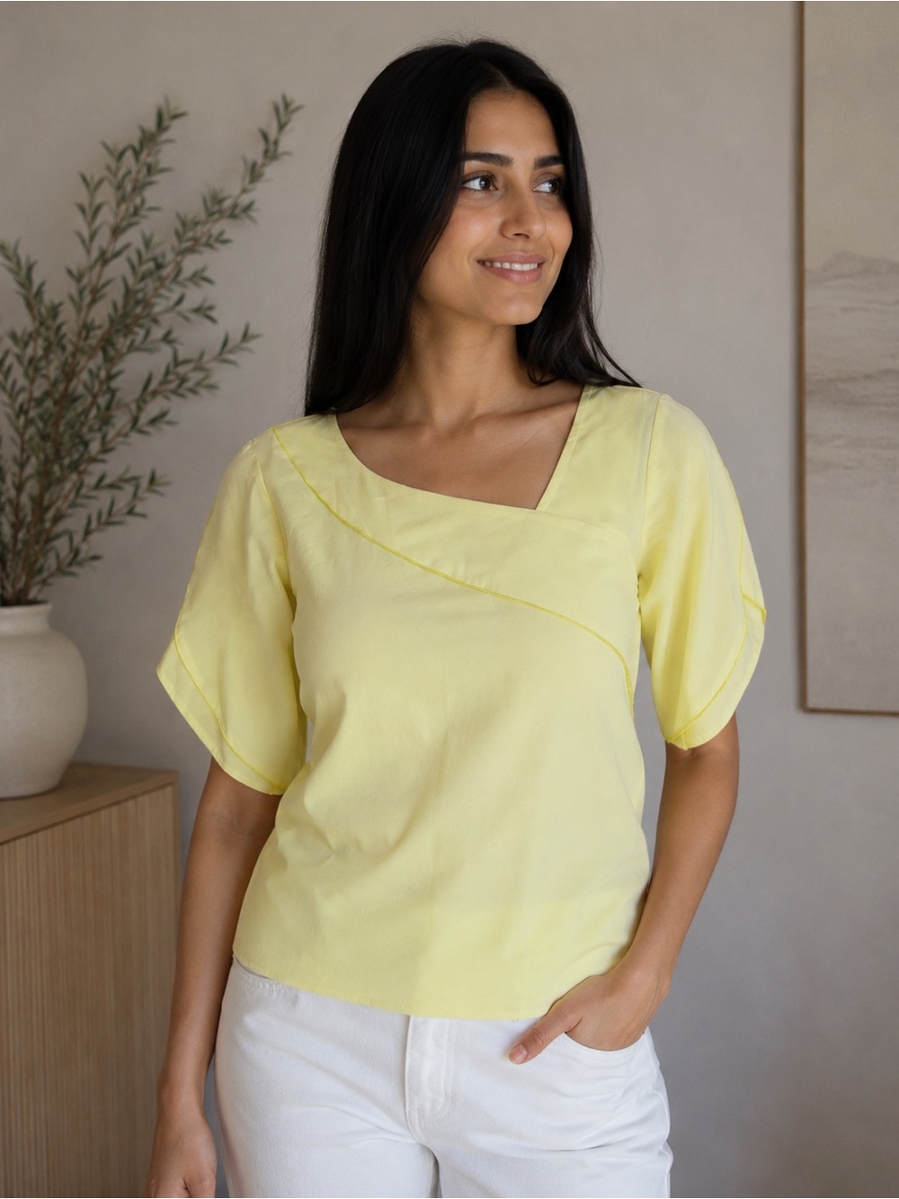 Lemon Yellow Blouse | Tulip Sleeve Top | New Without Tags | Size Large